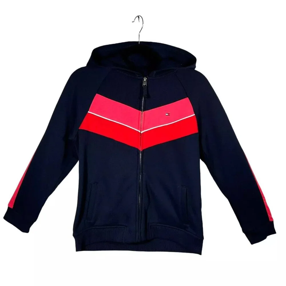 Tommy Hilfiger Youth Girl's Full Zip French Terry Sweater Sz L (14-16) Navy/Pink